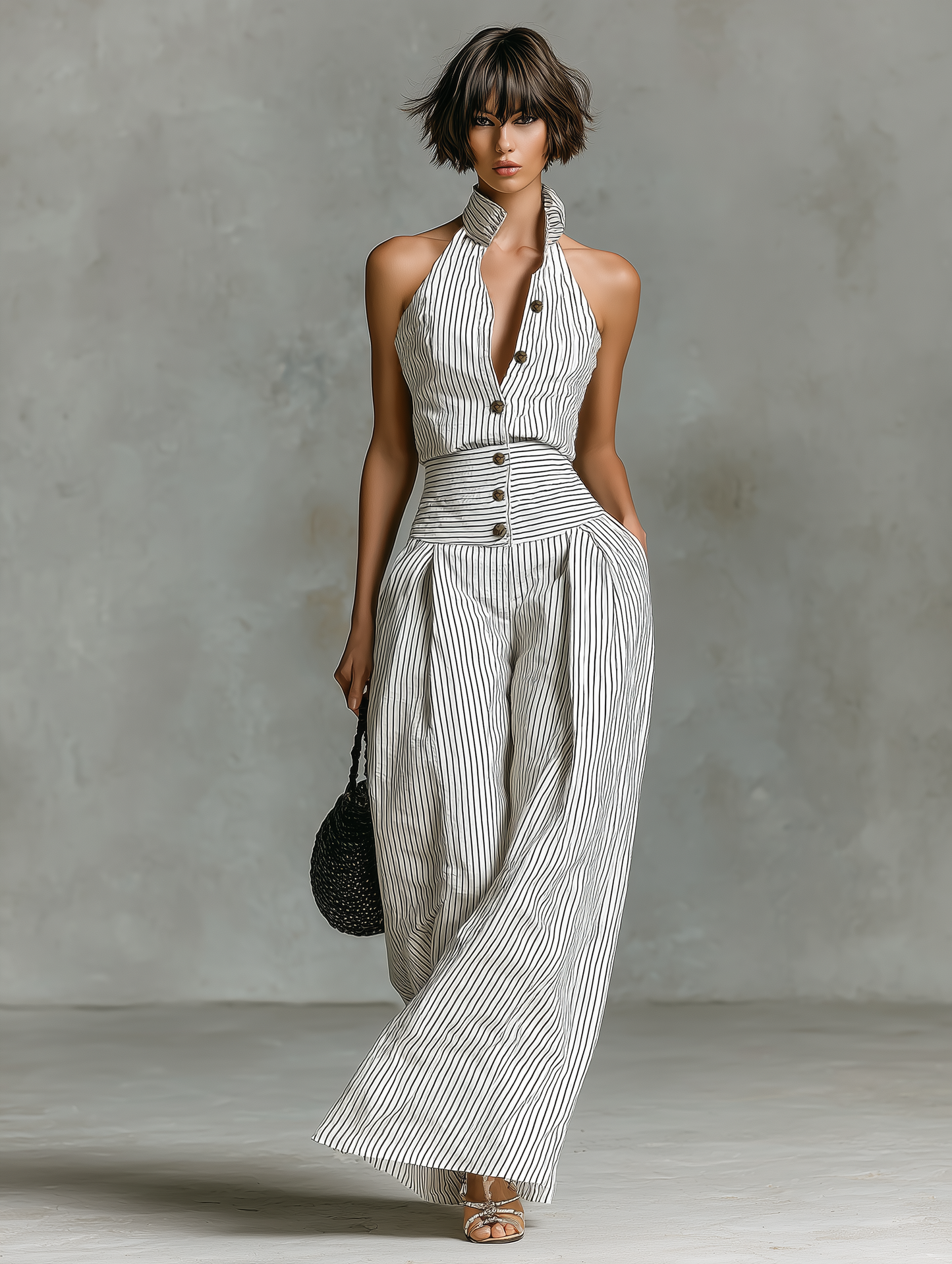 Women's Minimalist Striped Linen Sleeveless Single-Breasted Jumpsuit