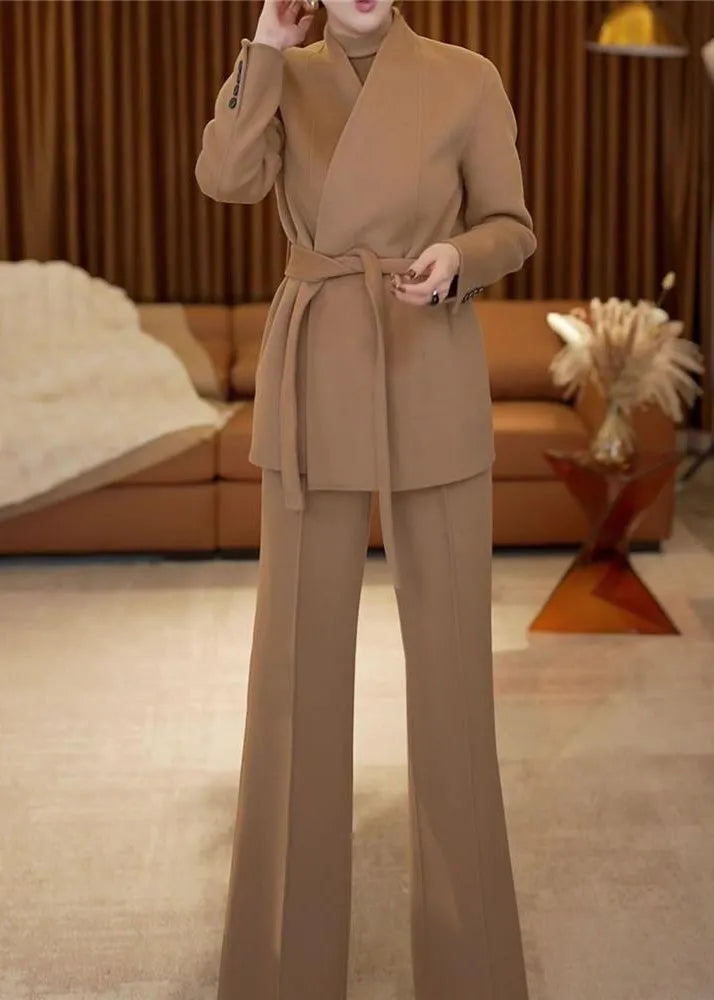 French Khaki V Neck Tie Waist Woolen Two-Piece Set Winter