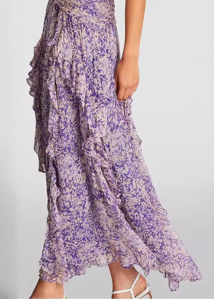 Original Purple Ruffled Print Chiffon Dresses Sleeveless