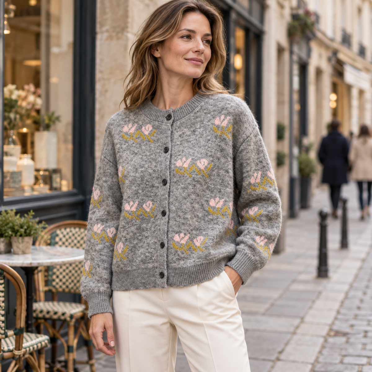 Women's Floral Knit Cardigan – Vintage Tulip Button-Front Wool Sweater