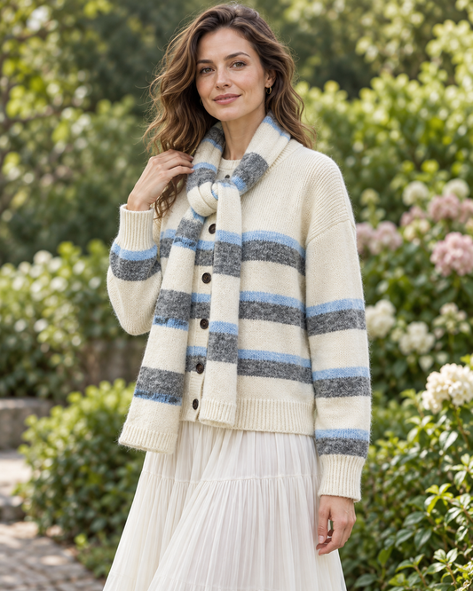 Women's Striped Wool Cardigan with Scarf – Relaxed-Fit Button-Front Knit Sweater