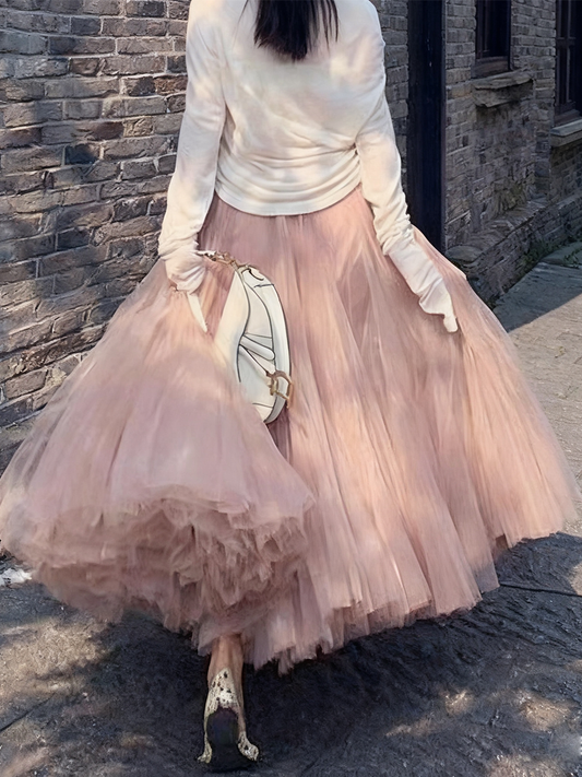 Elegant Pink Wrinkled High Waist Tulle Skirt Spring