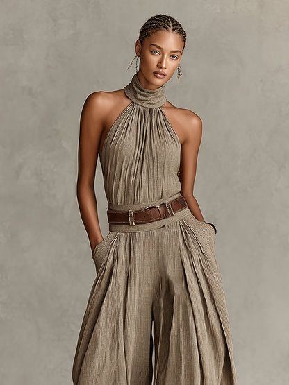Women's Taupe Cotton-Blend Jumpsuit With Halter Neck & Wide-Leg Silhouette, Timeless Boho-Elegant Style Jumpsuit (Without Belt)