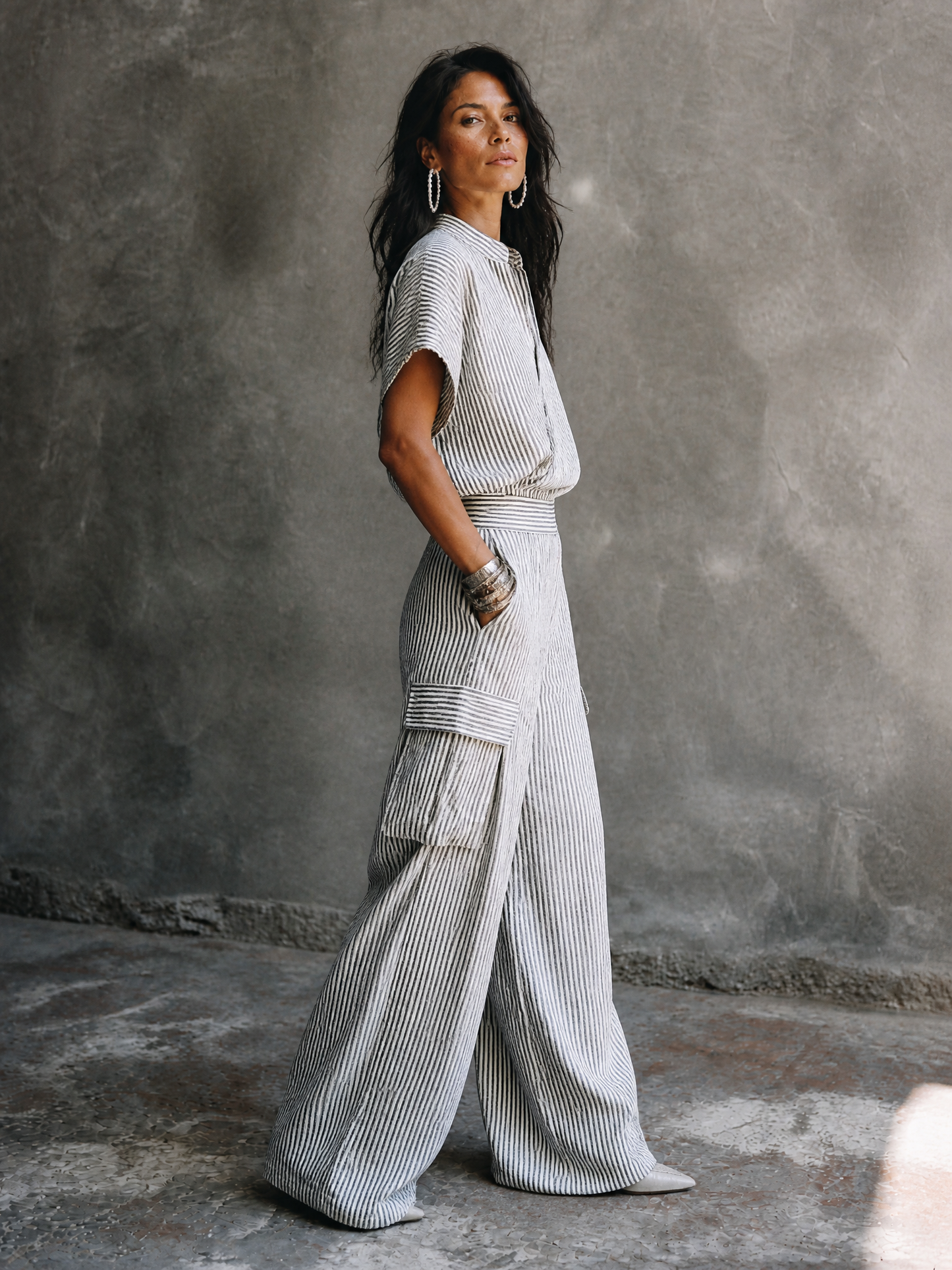 Women's Casual Vacation Gray White Cotton Blend Striped Wrap Top Cargo Pocket Wide-Leg Pants Set