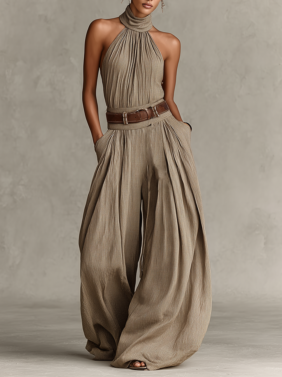 Women's Taupe Cotton-Blend Jumpsuit With Halter Neck & Wide-Leg Silhouette, Timeless Boho-Elegant Style Jumpsuit (Without Belt)
