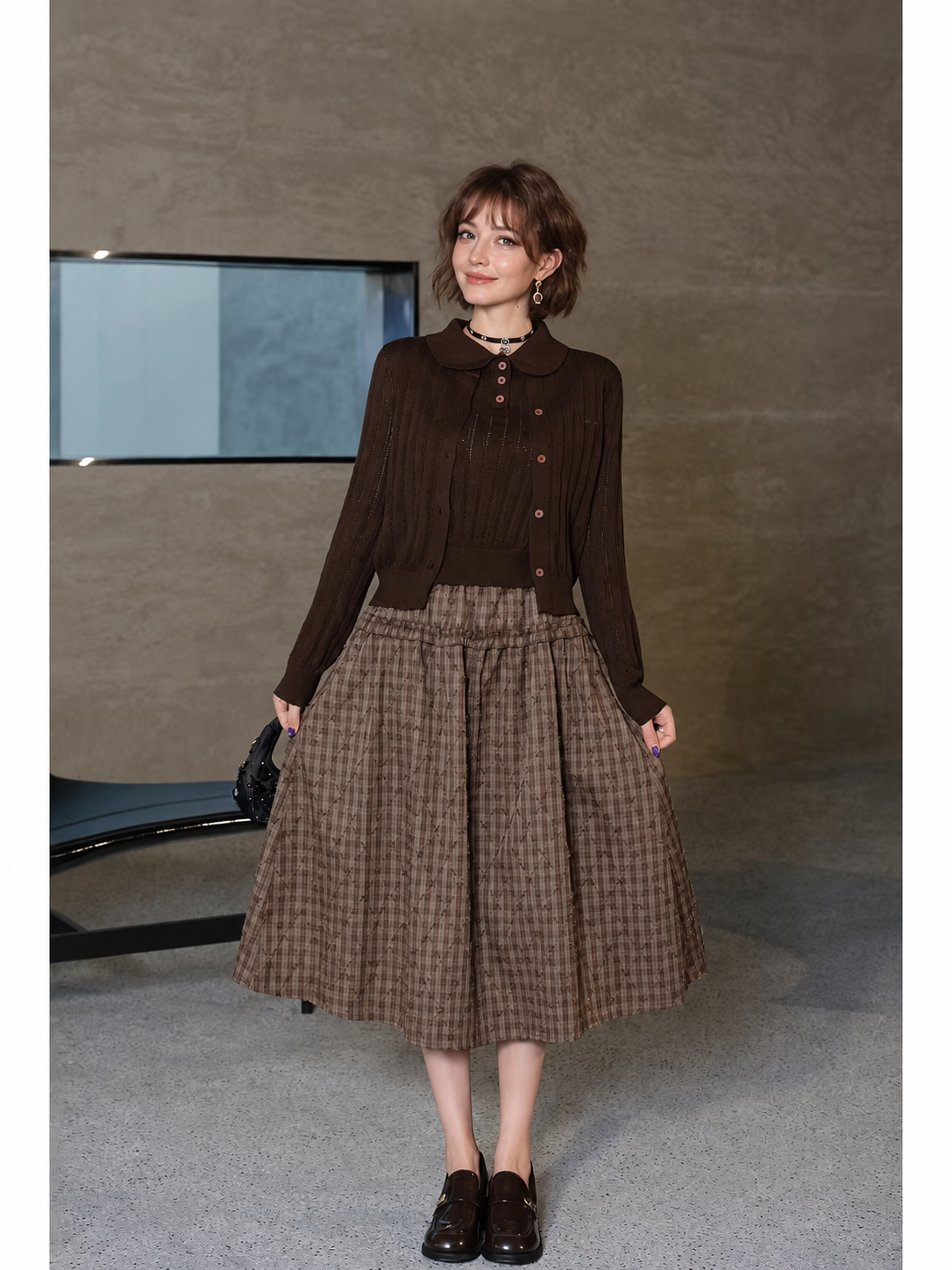 Women's Wool Cardigan and Top Set – Two-Piece Pointelle Knit Twinset