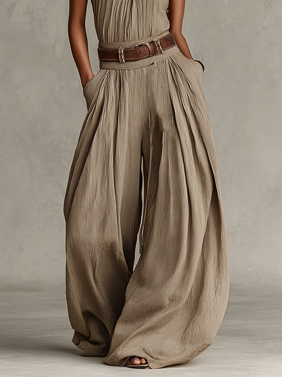 Women's Taupe Cotton-Blend Jumpsuit With Halter Neck & Wide-Leg Silhouette, Timeless Boho-Elegant Style Jumpsuit (Without Belt)