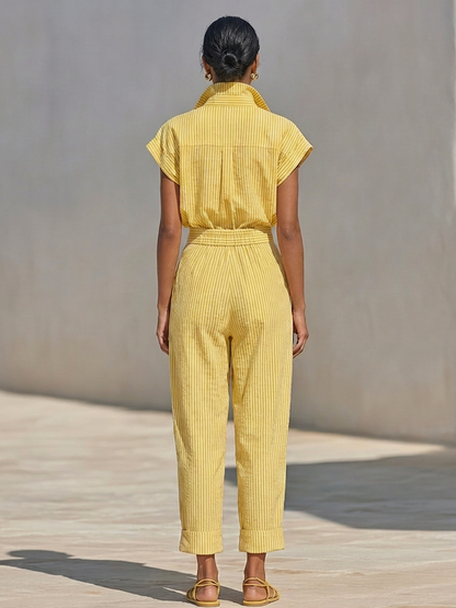Women's Lemon Vertical Stripe Textured Co-Ord With Front Button Blouse & Side Pocket Tapered Trousers, Effortless-Chic Beach Casual Outfit