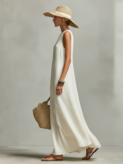 Women's Ivory Breathable Linen Dress With Sleeveless Detail & Asymmetric Hem, Contemporary Casual-Feminine Style Dress