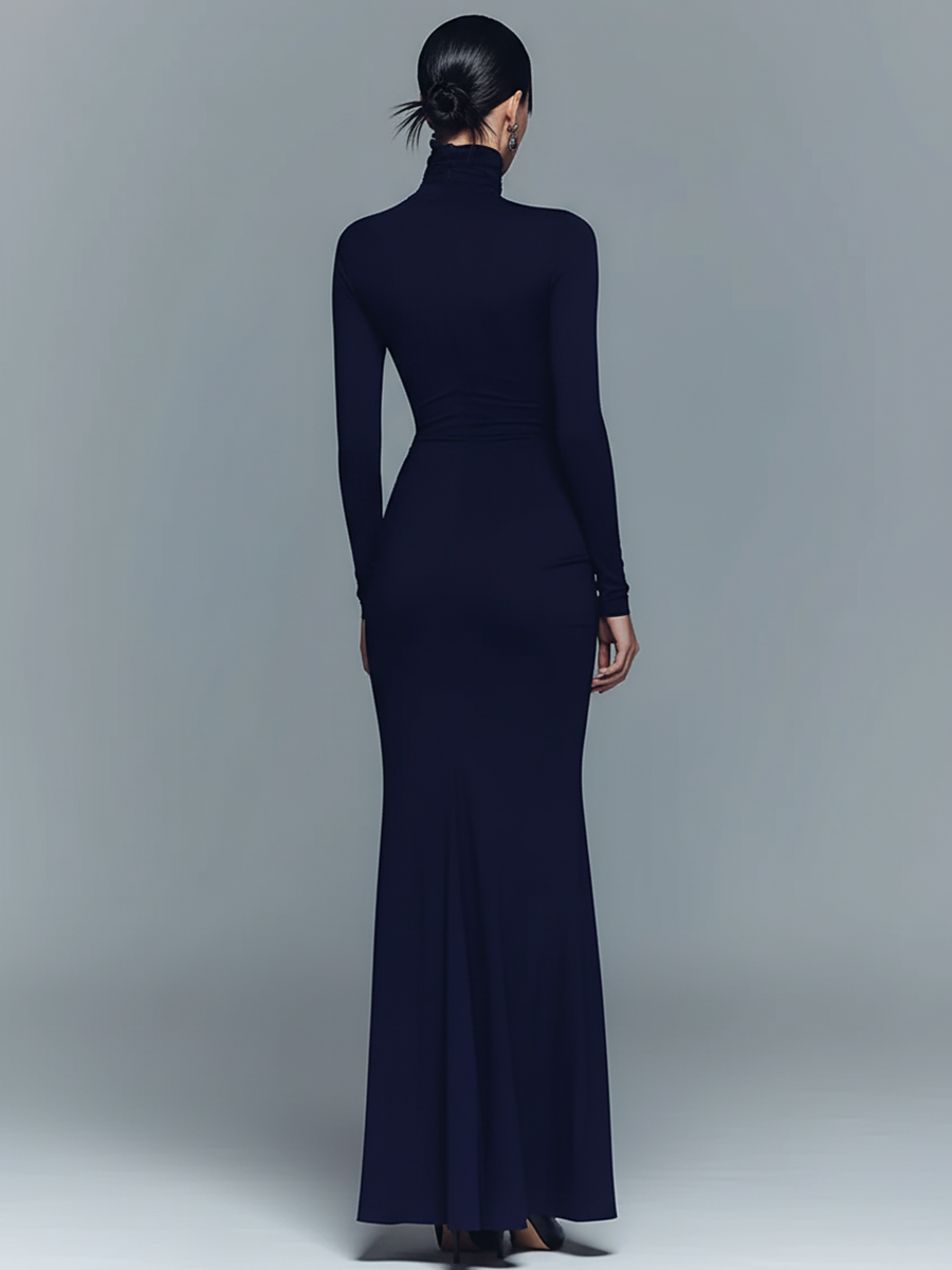 Women's Navy Elegant Stretch Polyester-Cotton Blend Turtleneck Draped Maxi Dress