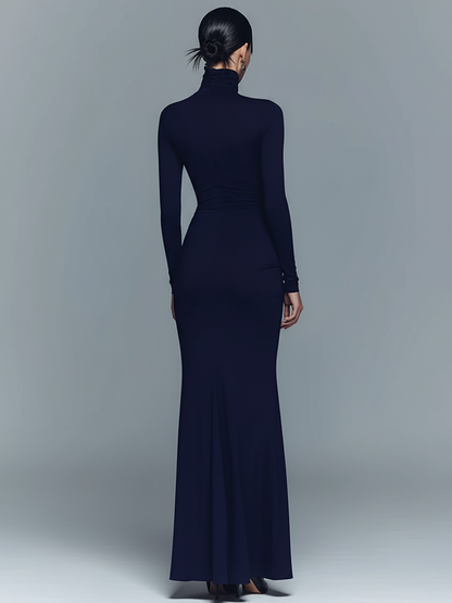 Women's Navy Elegant Stretch Polyester-Cotton Blend Turtleneck Draped Maxi Dress