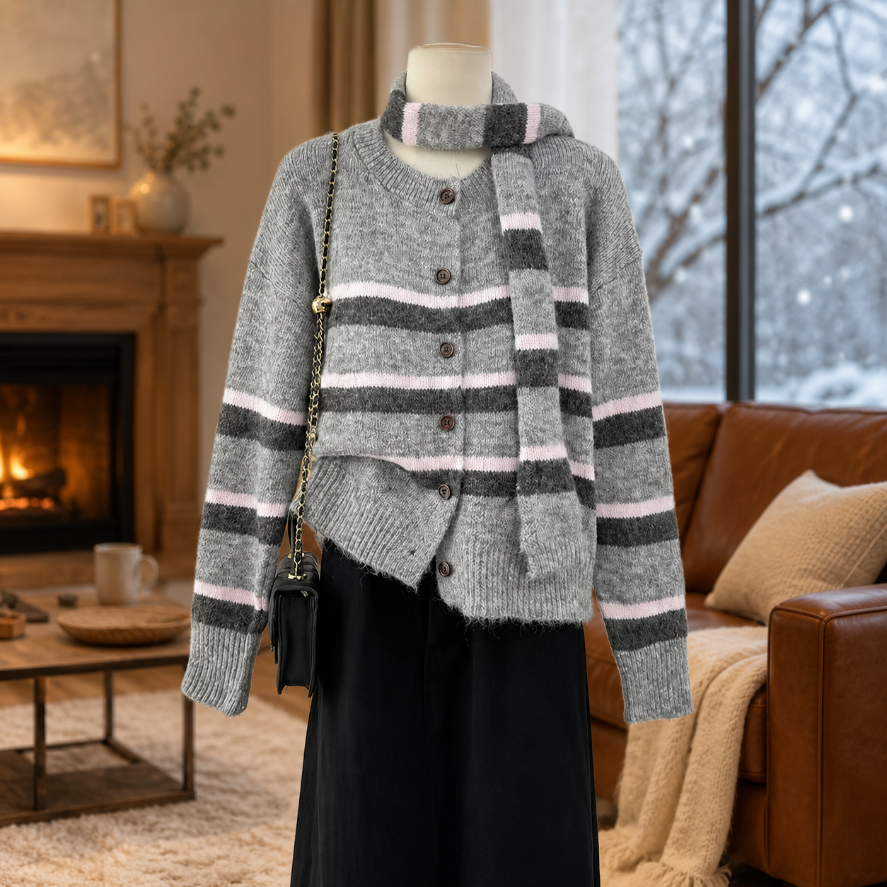 Women's Striped Wool Cardigan with Scarf – Relaxed-Fit Button-Front Knit Sweater