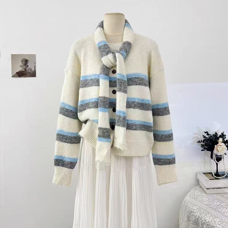 Women's Striped Wool Cardigan with Scarf – Relaxed-Fit Button-Front Knit Sweater