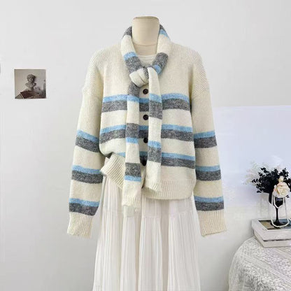 Women's Striped Wool Cardigan with Scarf – Relaxed-Fit Button-Front Knit Sweater