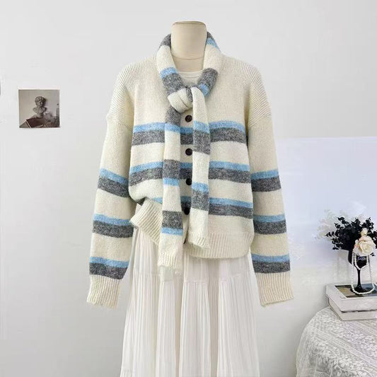 Women's Striped Wool Cardigan with Scarf – Relaxed-Fit Button-Front Knit Sweater