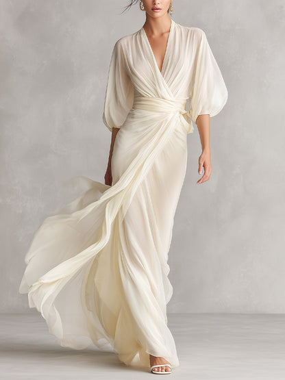 Women's Ivory Sheer Chiffon Dress With Puff Sleeves & Wrap Detail, Timeless Romantic-Luxe Style Dress