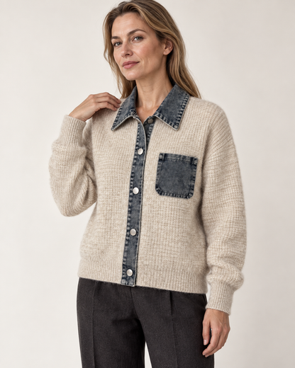 Women's Denim Trim Wool Cardigan – Collared Button-Front Knit Sweater