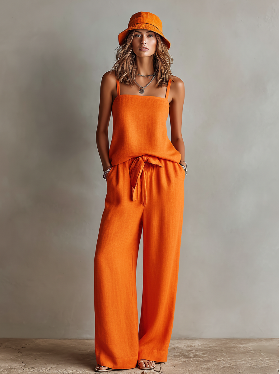 Women's Orange Linen Two-Piece Set With Square Neck Cami Top & Tie-Waist Wide-Leg Pants, Timeless Boho-Resort Style Set