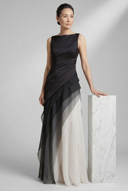 French Black High Waist Patchwork Tulle Maxi Dresses Sleeveless