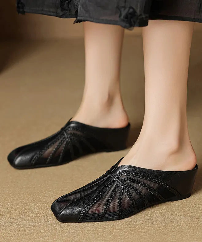 Chic Tulle Splicing Wedge Slide Sandals Gold Cowhide Leather