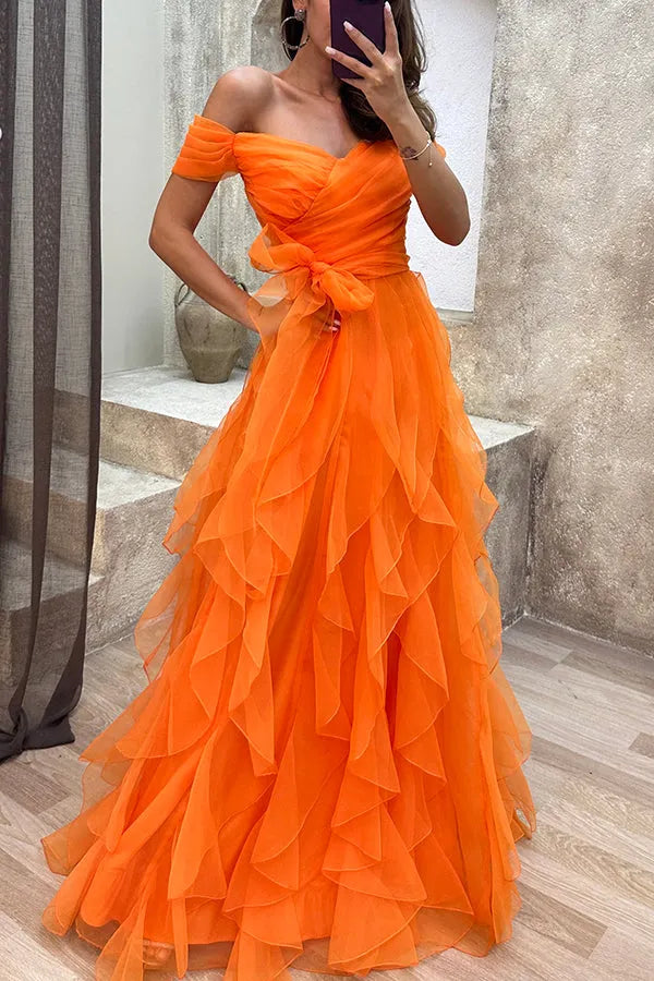 Ship in 24 hours!/ Pretty First Impression Tulle Off Shoulder Tiered Ruffle Evening Maxi Dress Grey