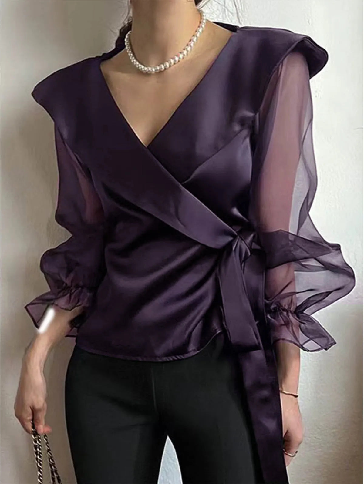 Elegant Plain Surplice Neck Long Sleeve Lace Up Blouse