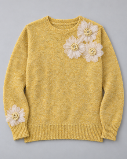 Women's Floral Wool Sweater – Flower Embellished Crewneck Knit Pullover