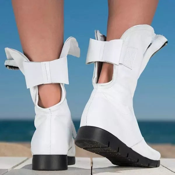 Faux Leather Open Toe Flat Booties Zip Up Ankle Boots