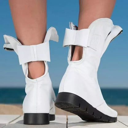 Faux Leather Open Toe Flat Booties Zip Up Ankle Boots