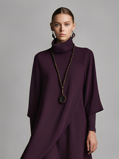 Women's Plum Draped Cotton-Blend Jersey Elegant Turtleneck Embroidered Maxi Dress