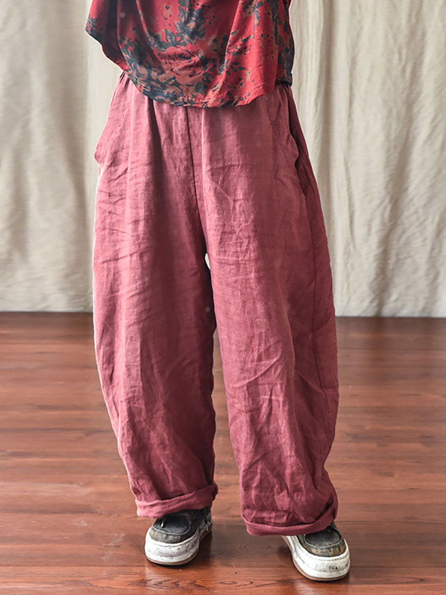 Women Spring Casual Solid Loose Elastic Waist Linen Pants