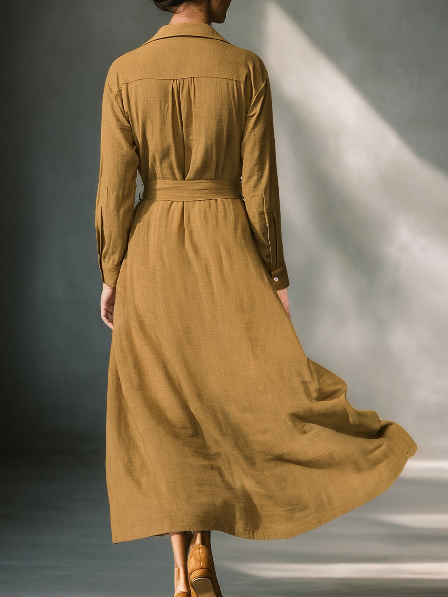 Women's Mustard Elegant Linen Blended Button - Front Belted Midi Shirt Dress