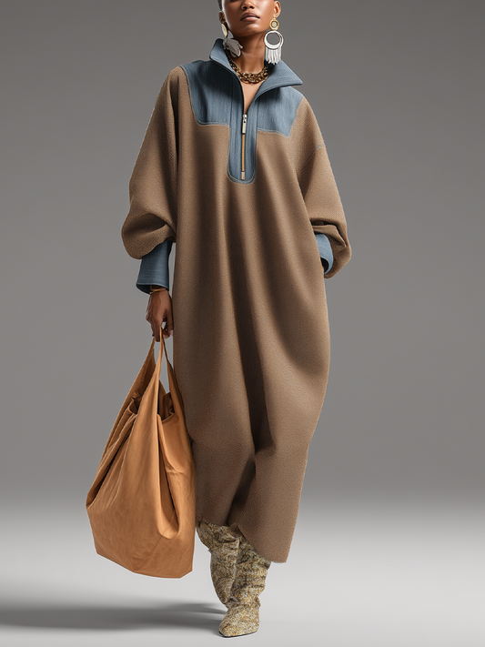 Women's Brown Double-Sided Brushing and Blue Denim Stand Collar Loose-Fitting Long Dress