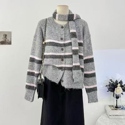 Women's Striped Wool Cardigan with Scarf – Relaxed-Fit Button-Front Knit Sweater