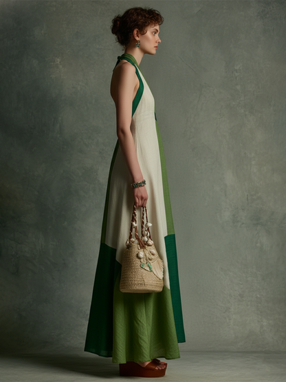 Women's Vacation Style Green And White Color-Block Linen-Cotton Halter V-Neck Waist-Tailored Maxi Dress