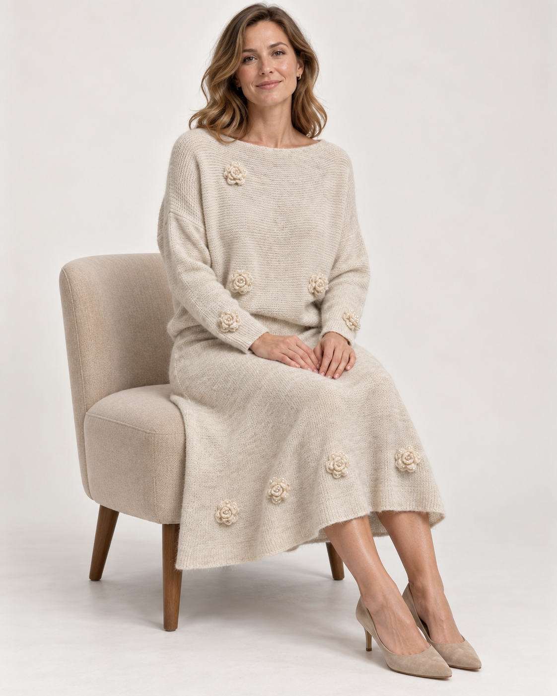 Women's Wool Sweater and Skirt Set – Pearl Floral Two-Piece Knit Outfit