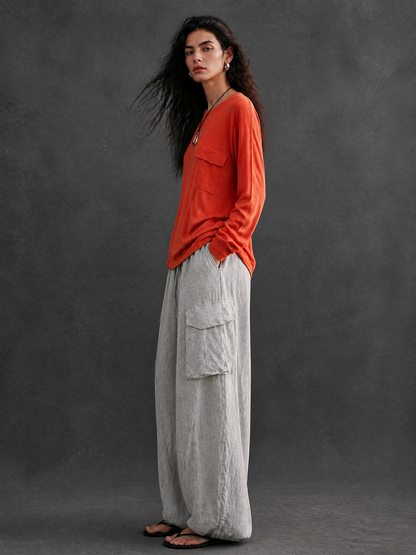 Women's Casual Crew Neck T-shirt And Cotton Linen Cargo Pants Set