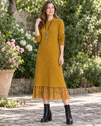 Women's Wool Sweater Dress – Lace Hem Long Sleeve Midi Knit Dress