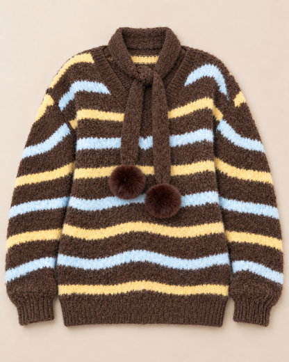 Women's Striped Wool Sweater – Collared Button-Neck Knit Pullover