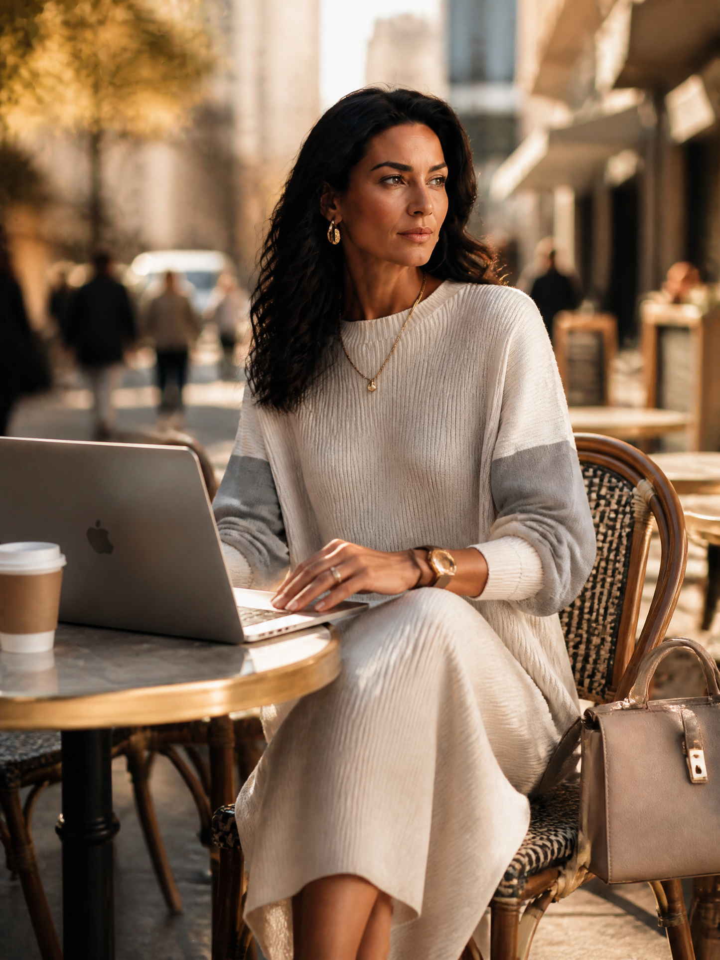 Women's Casual Ivory Gray Knit Cotton Blend Color-Block Pocket Midi Dress