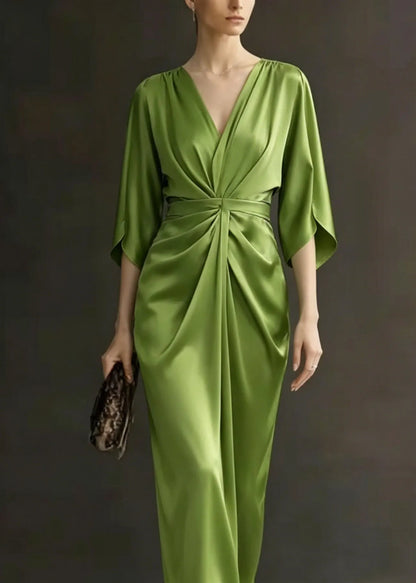 Beautiful Green V Neck Wrinkled Silk Dress Batwing Sleeve