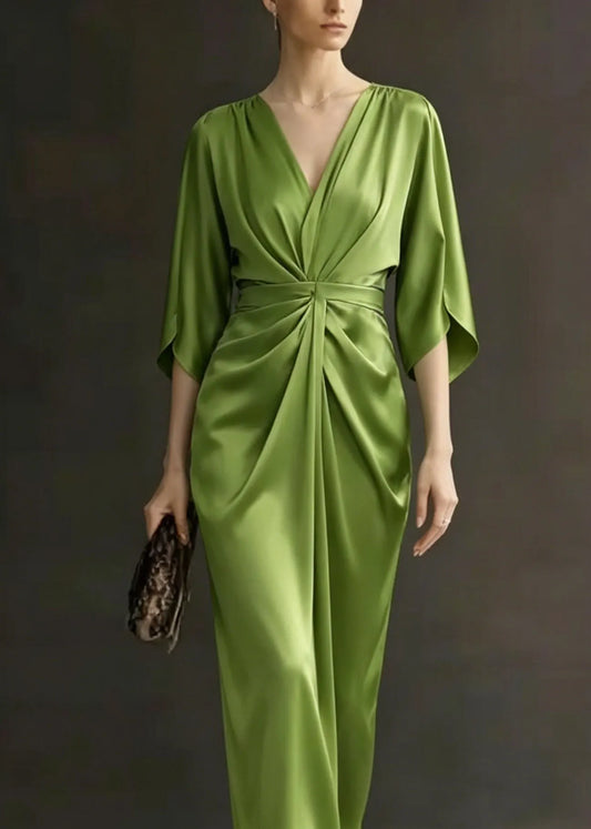 Beautiful Green V Neck Wrinkled Silk Dress Batwing Sleeve