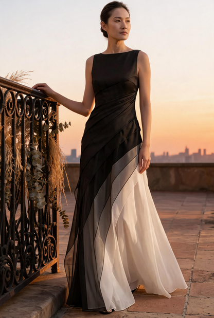 French Black High Waist Patchwork Tulle Maxi Dresses Sleeveless