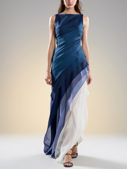 French Black High Waist Patchwork Tulle Maxi Dresses Sleeveless