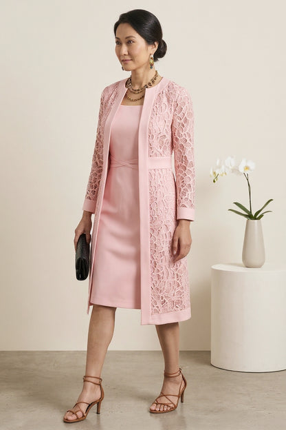 Elegant Solid Lace Hollowed Out Long Sleeve Two Pieces Dress(8 Colors)