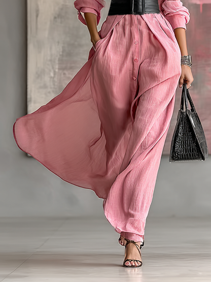 Women's Solid Color Lapel Long Sleeve Single Breasted Belt Maxi Shirt Dress
