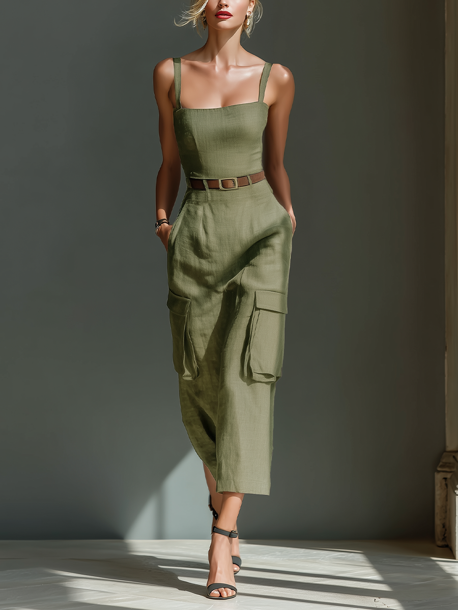 Women's Olive Green Linen Fabric Sleeveless Midi Dress With Cargo Pockets & Belted Waist