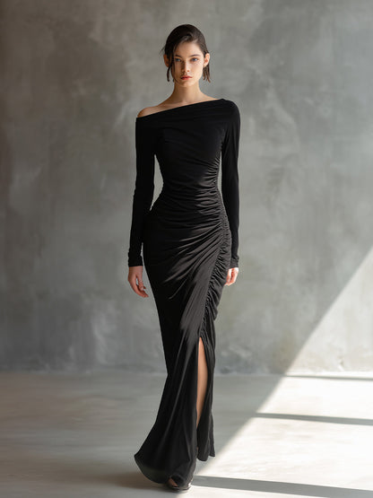 Women's Black Elegant Jersey Off - Shoulder Ruched Slit Maxi Dress