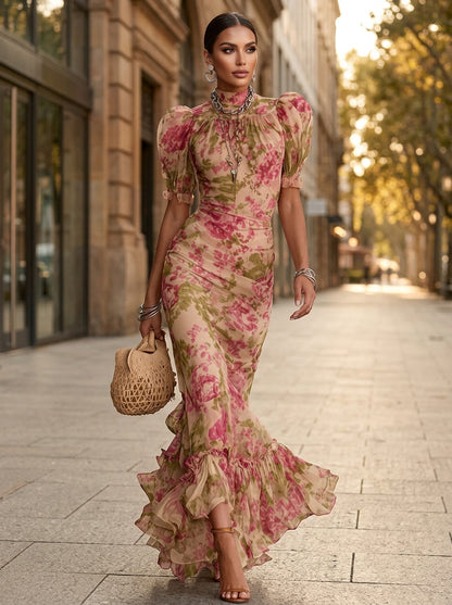 Women High Neck Puff Sleeve Ruffle Hem Floral Print Maxi Dress