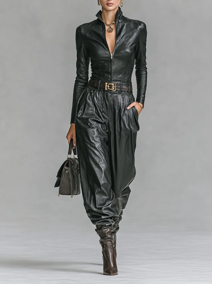 Women's Fashion PU Leather Slim Fit Zipper Stand Collar Shirt Pants Set (Without Belt)